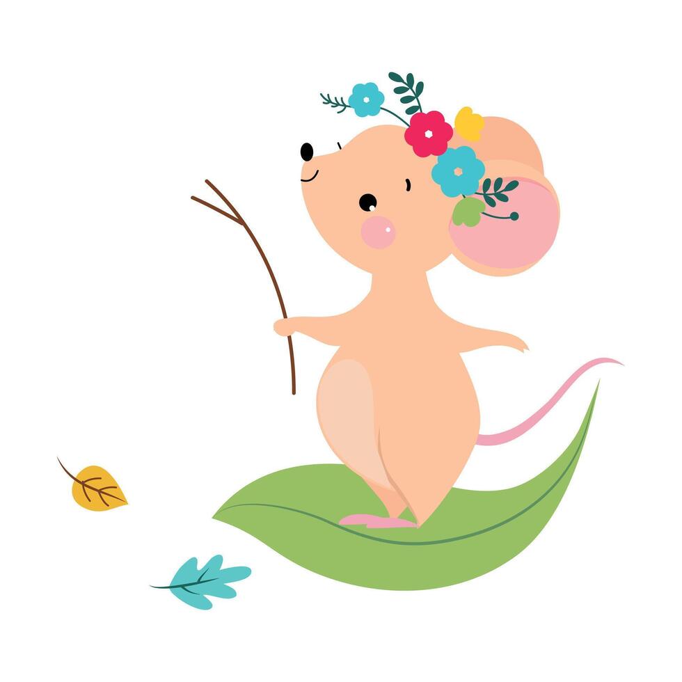 Funny Mouse with Pointed Snout and Rounded Ears Standing on Green Leaf Illustration vector