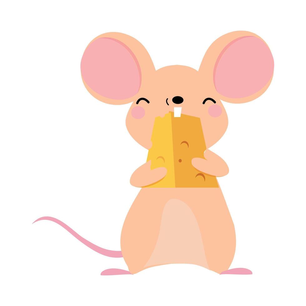 Funny Mouse with Pointed Snout and Rounded Ears Nibbling Cheese Slab Illustration vector
