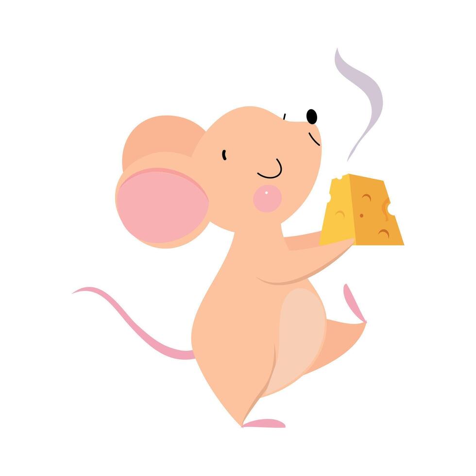 Cute Mouse with Pointed Snout and Rounded Ears Carrying Cheese Slab Illustration vector