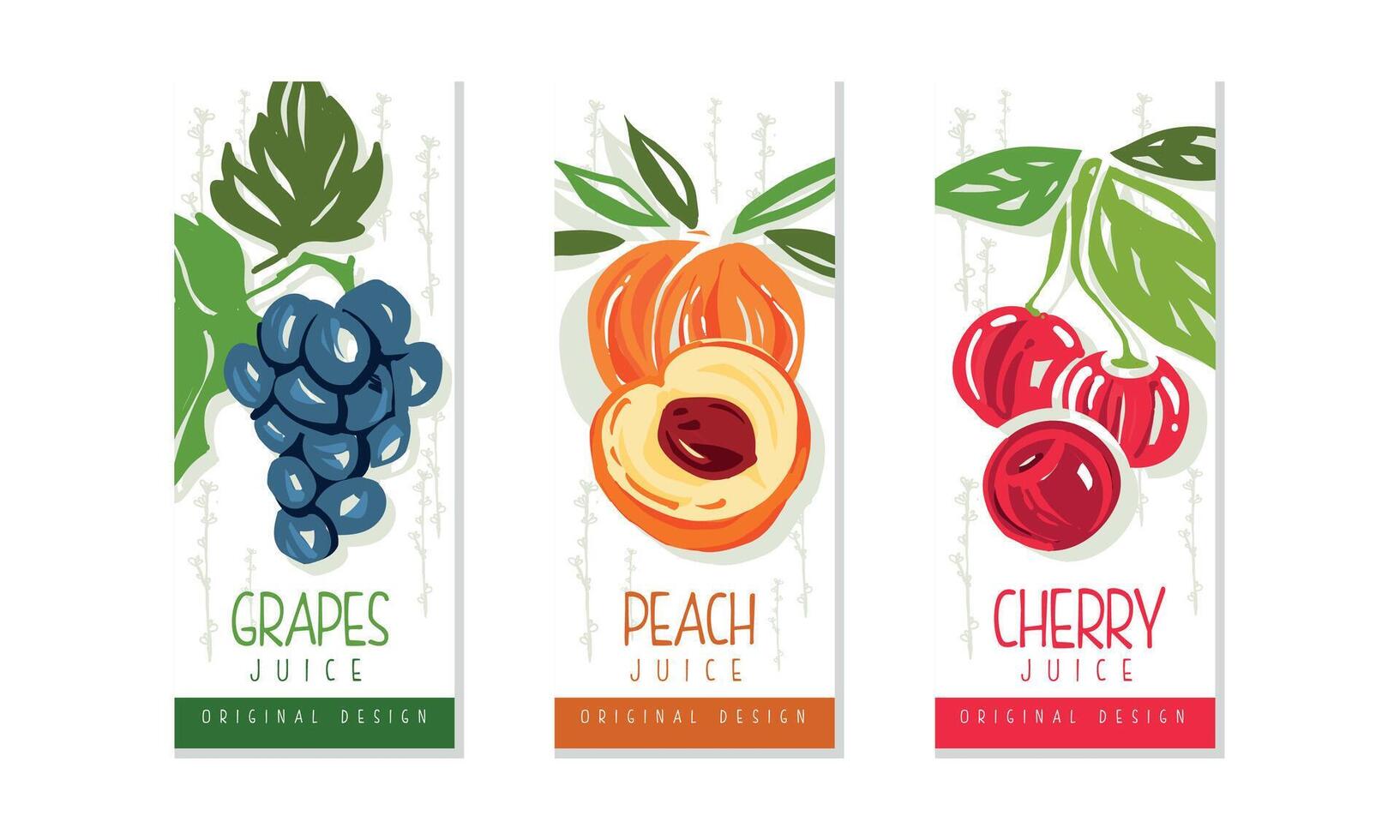 Fresh Fruit Juice Labels Set, Grapes, Peach, Cherry Juice Emblems, Packaging Design Templates Cartoon Style Illustration vector