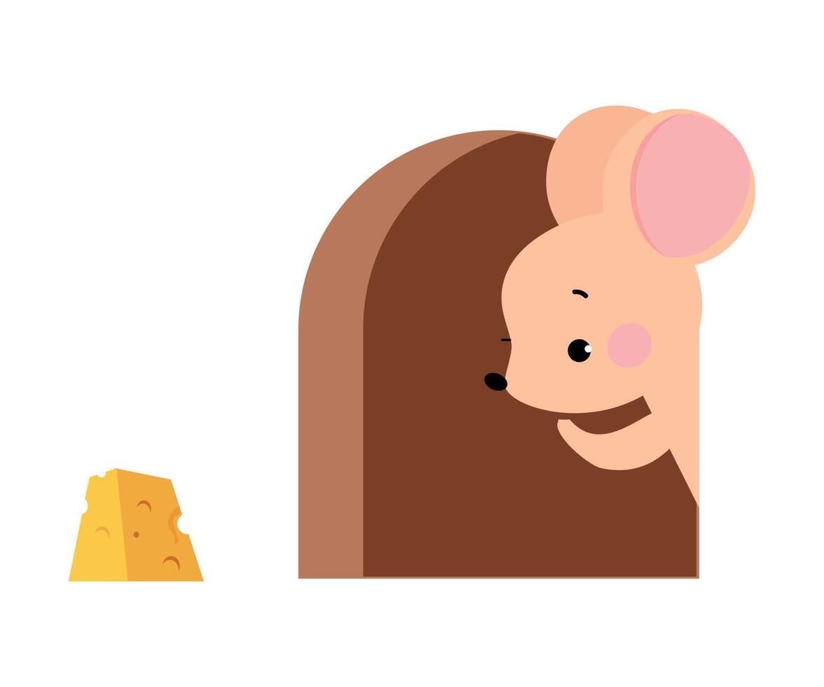 Cute Mouse with Pointed Snout and Rounded Ears Peeping from Its Hole for Cheese Slab Illustration vector