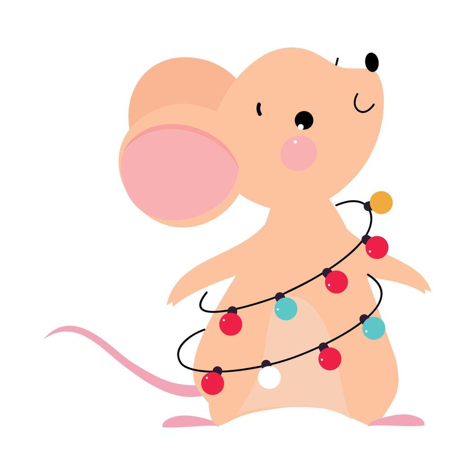 Cute Mouse with Pointed Snout and Rounded Ears Standing with Garland Wrapped Around Its Body Illustration vector