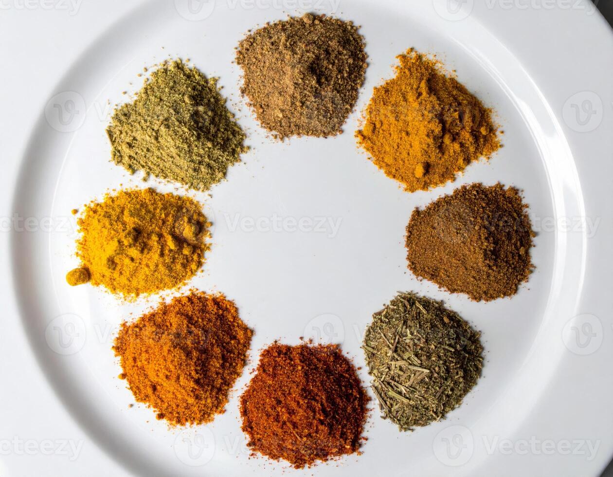 Colorful Spices Arranged in a Circle on a White Plate for Culinary Use photo