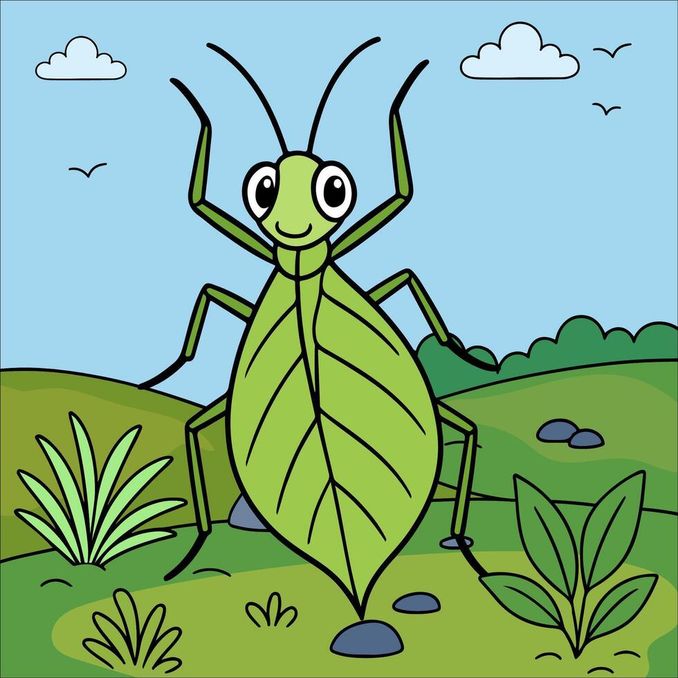 Cartoon leaf insect in a landscape vector