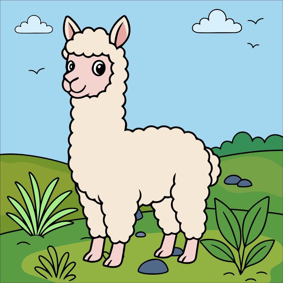 Cartoon alpaca in a landscape vector