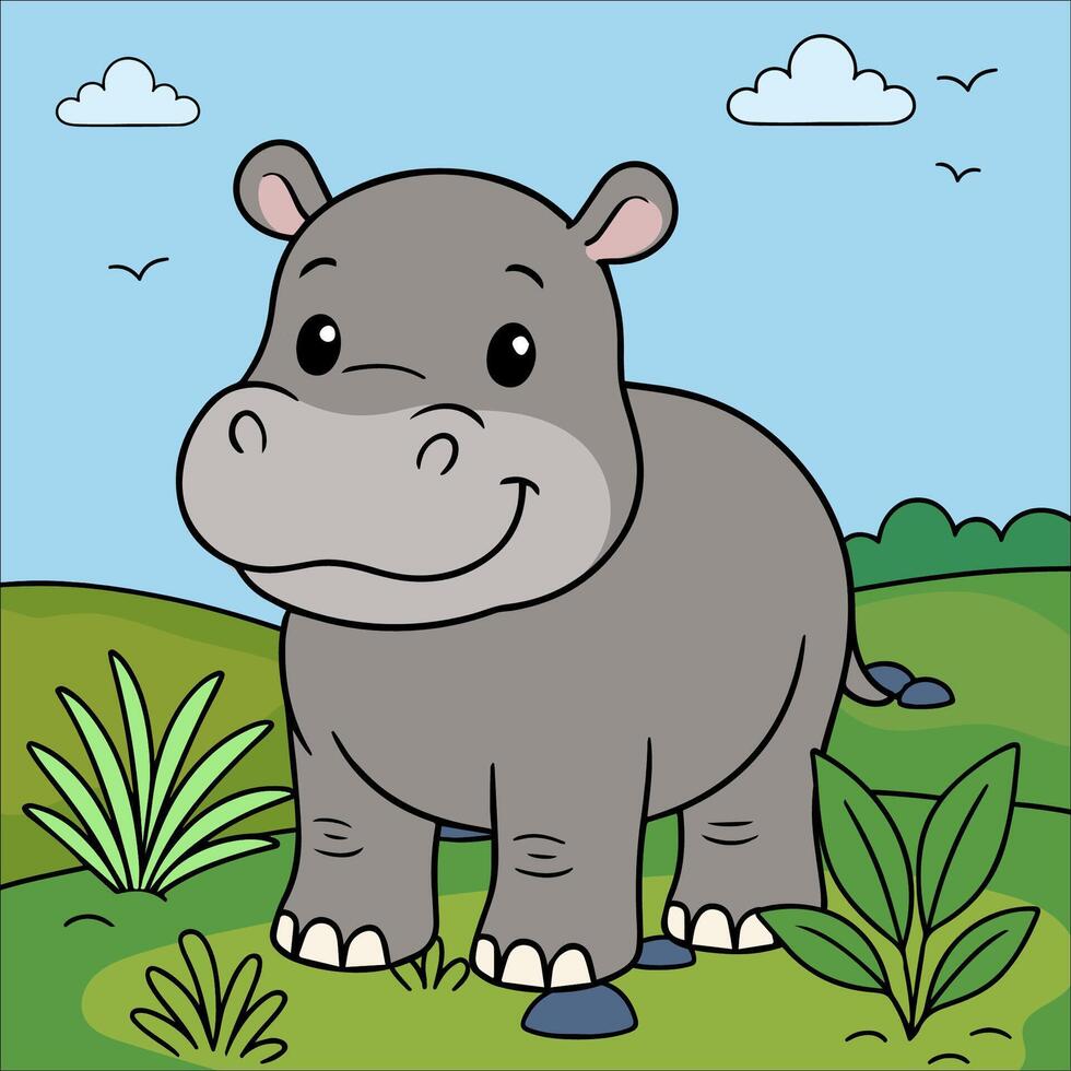Cartoon hippo in green landscape vector