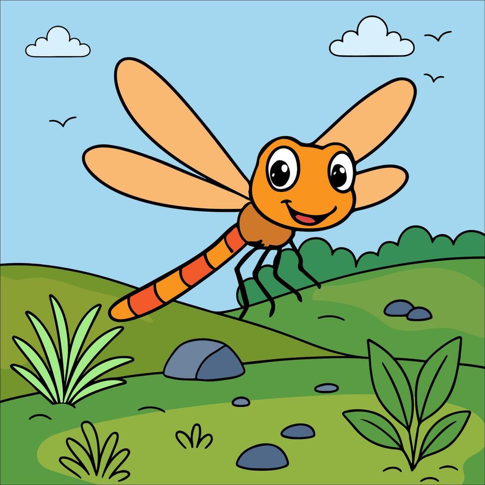 Happy cartoon dragonfly in landscape vector