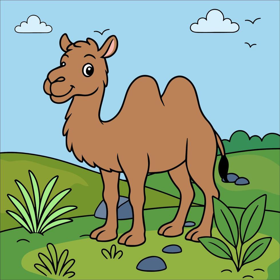 cartoon camel in green landscape vector
