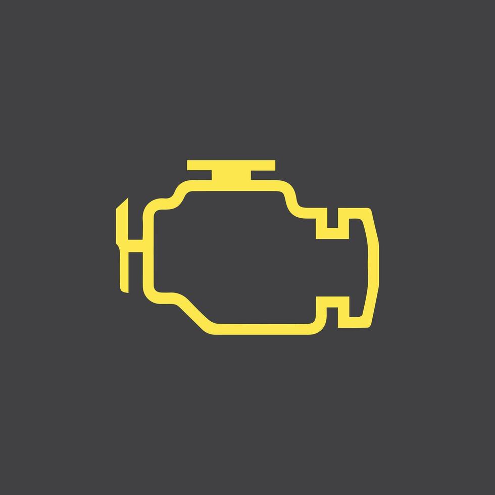 Amber graphic on a black background of a dashboard warning light for a problem with the car's engine vector