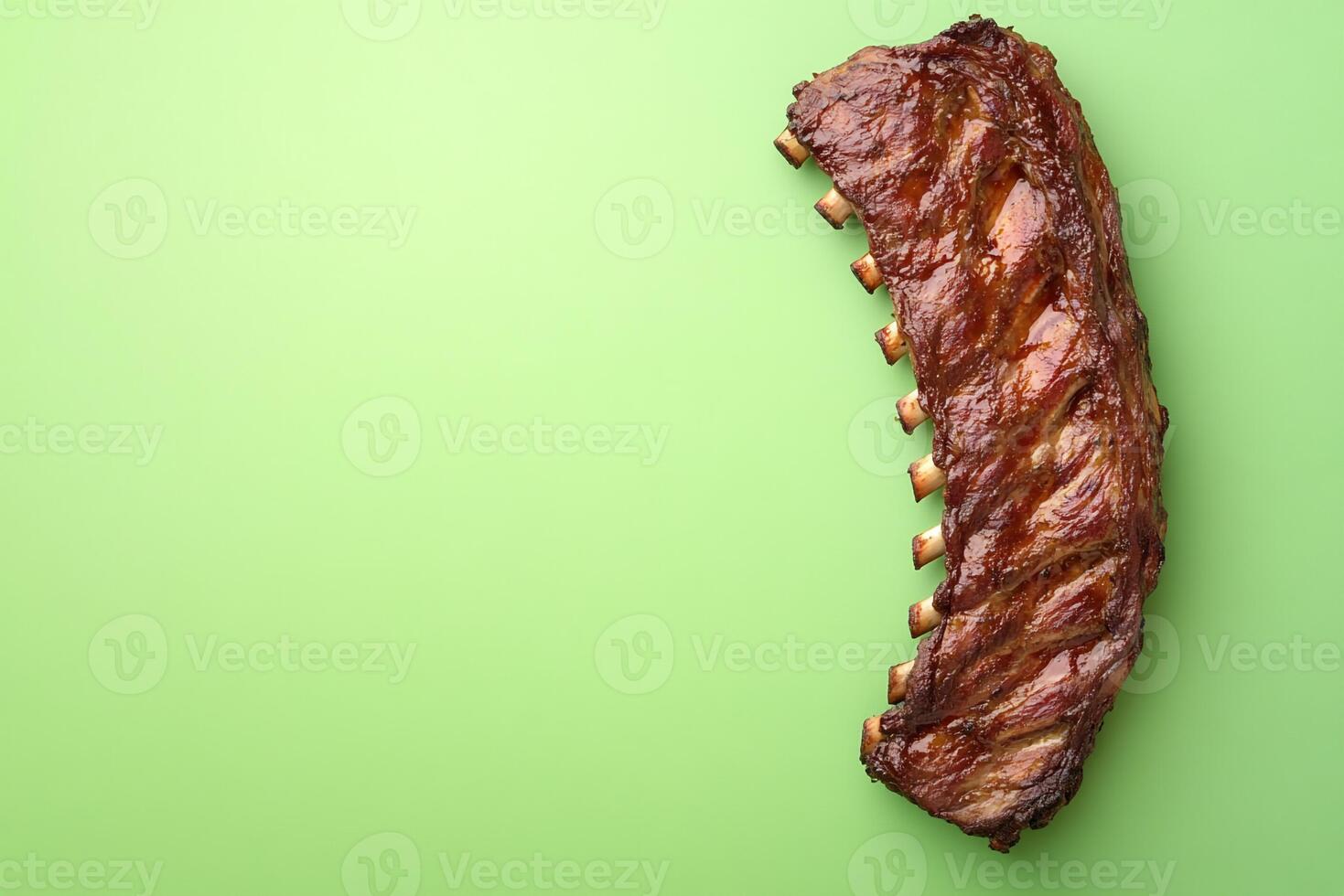 Top View Of Full Rack Of Bbq Ribs On Vibrant Background With Copy Space, Food Image photo