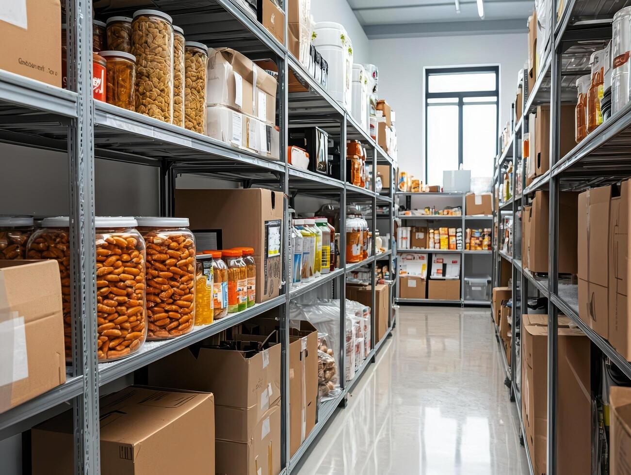 Organized shelves filled with boxes and jars in a warehouse environment. photo