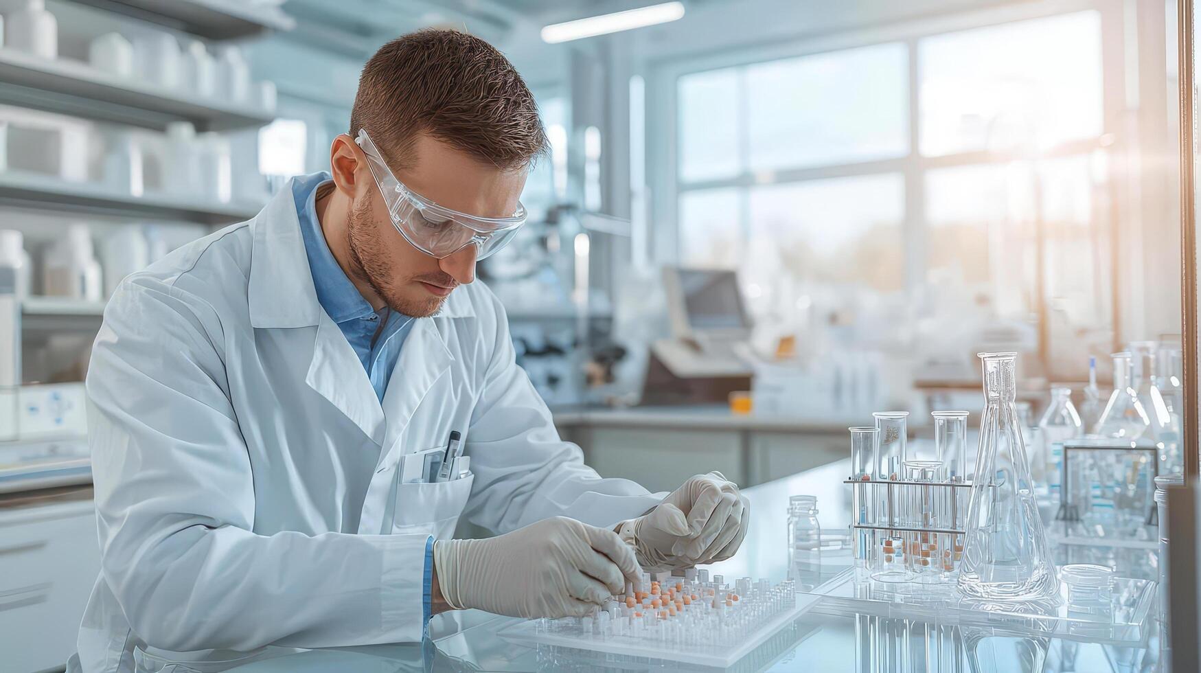 Scientist working with test tubes in laboratory, focused on research and analysis with safety glasses and gloves photo
