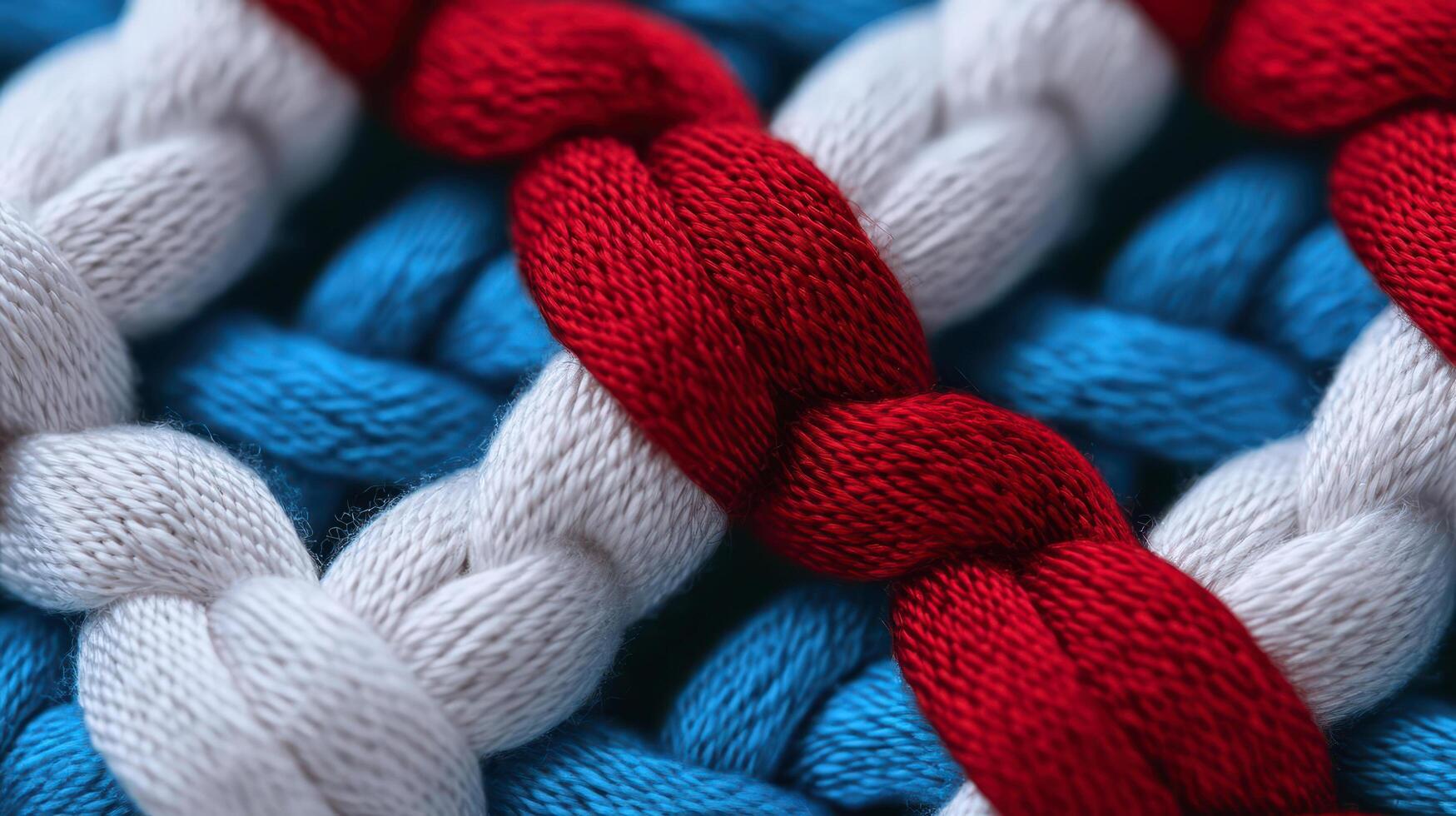 Knitted fabric pattern with red, white, and blue yarn creating textured and colorful textile design photo