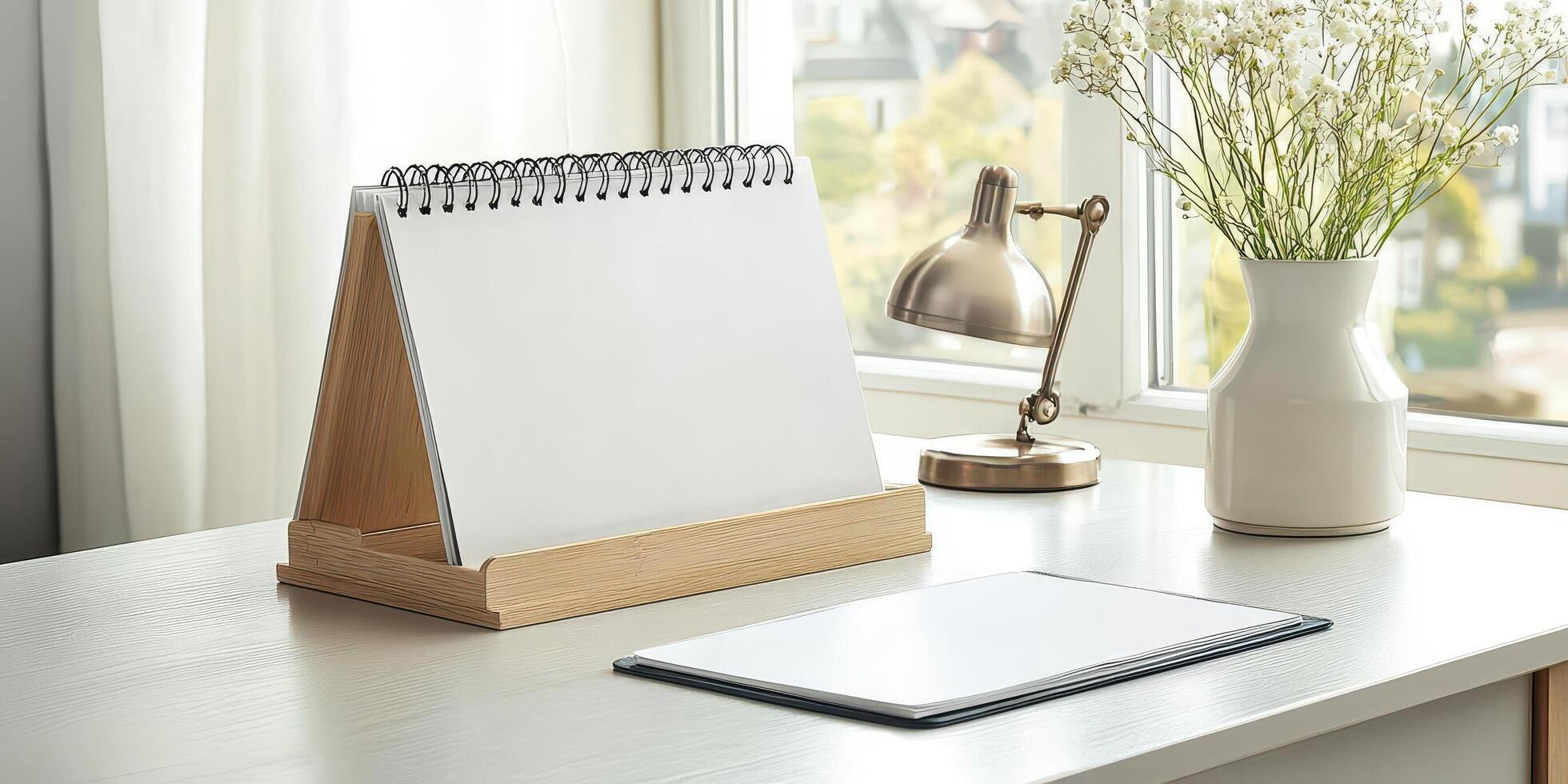 Minimalist desk setup with a blank calendar and potted plant in natural light. photo
