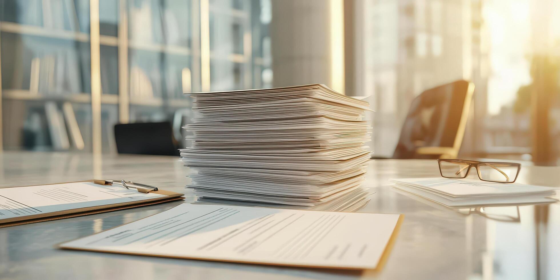 Stack of documents on a desk, sunlight streaming through a window. photo