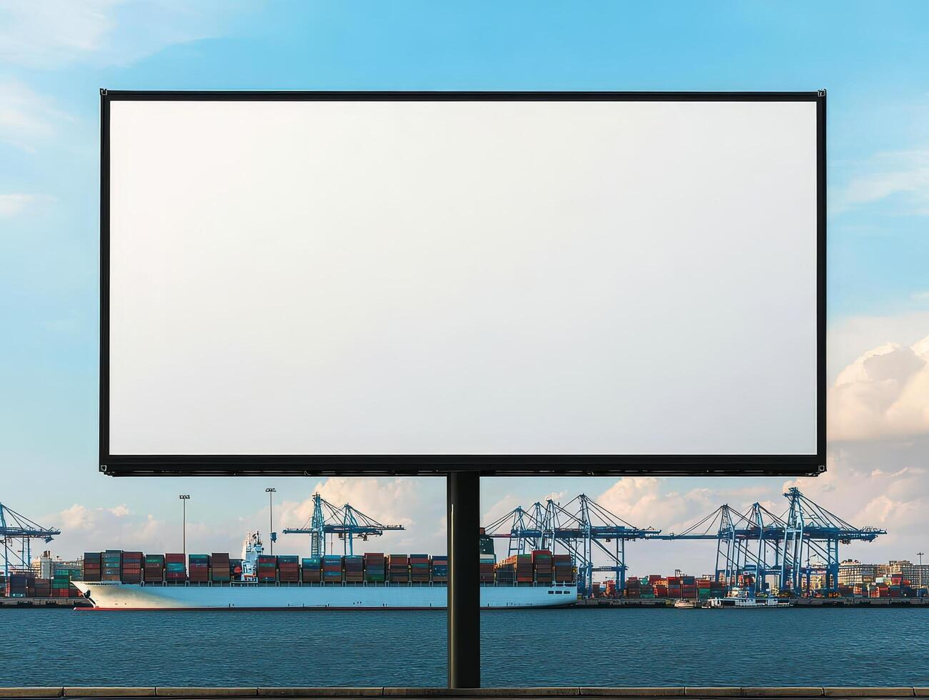 Blank billboard in front of a shipping port with cranes and containers in the background. photo