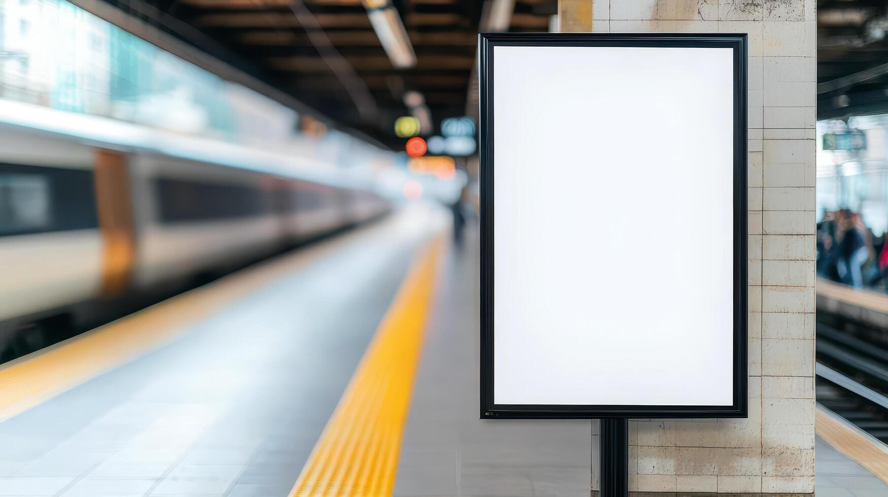 Empty billboard at a train station, blurred background of a passing train. photo