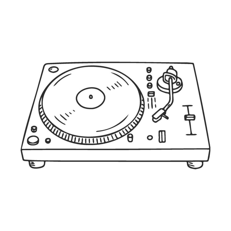 Black and white drawn turntable sketch with tonearm and controls vector