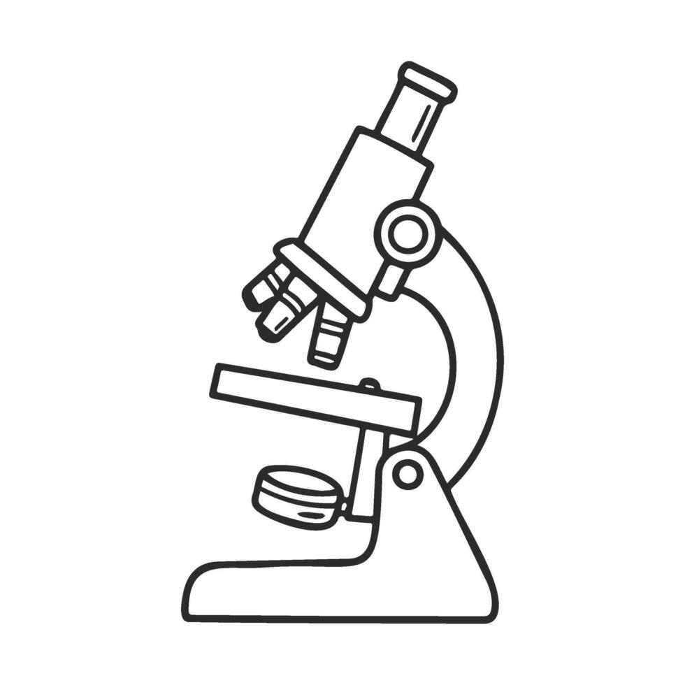 Black and white microscope line drawing science tool vector