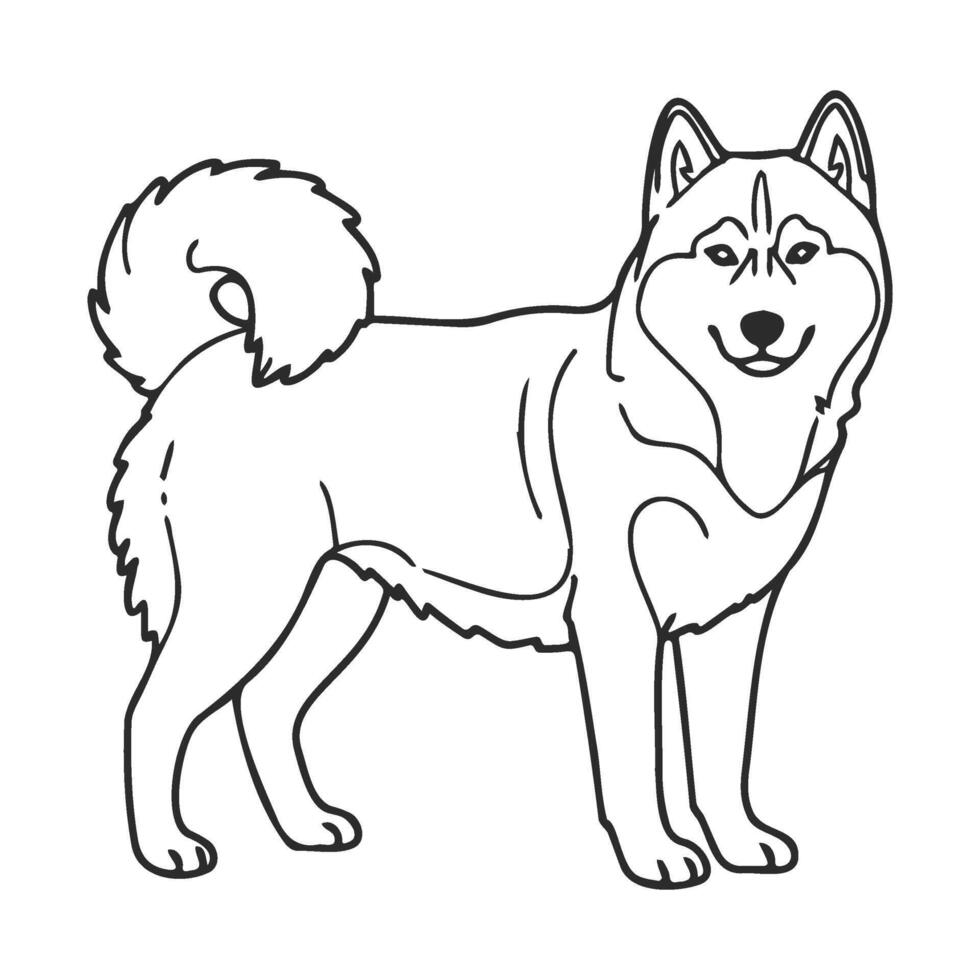 Outline of a smiling husky dog facing forward with fluffy tail vector