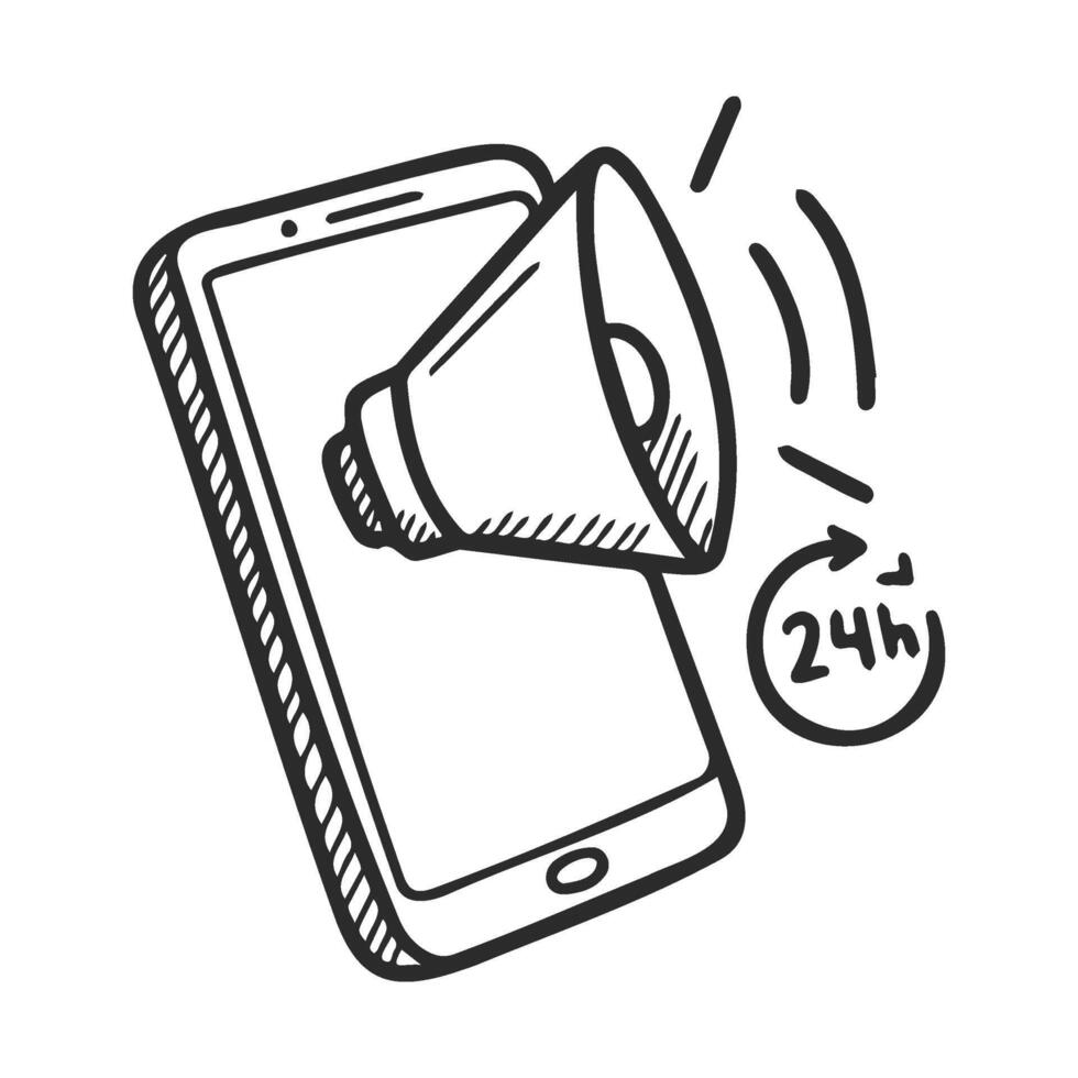 Smartphone notification sketch with megaphone and 24andhour service symbol vector