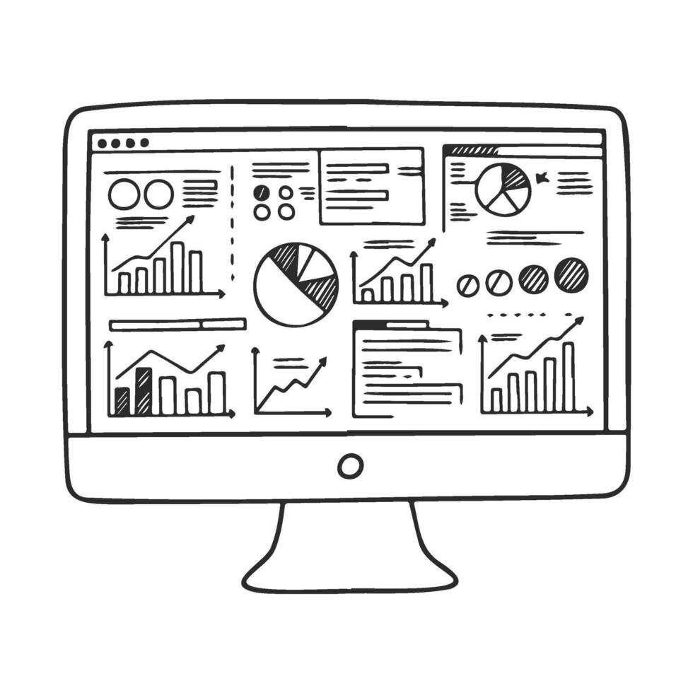 drawn computer screen displaying charts and graphs for data analysis vector