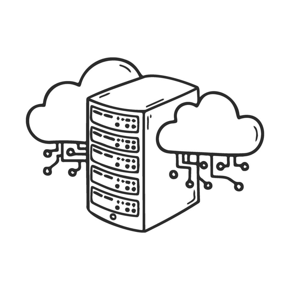 Cloud computing and data storage concept with server and connected clouds vector