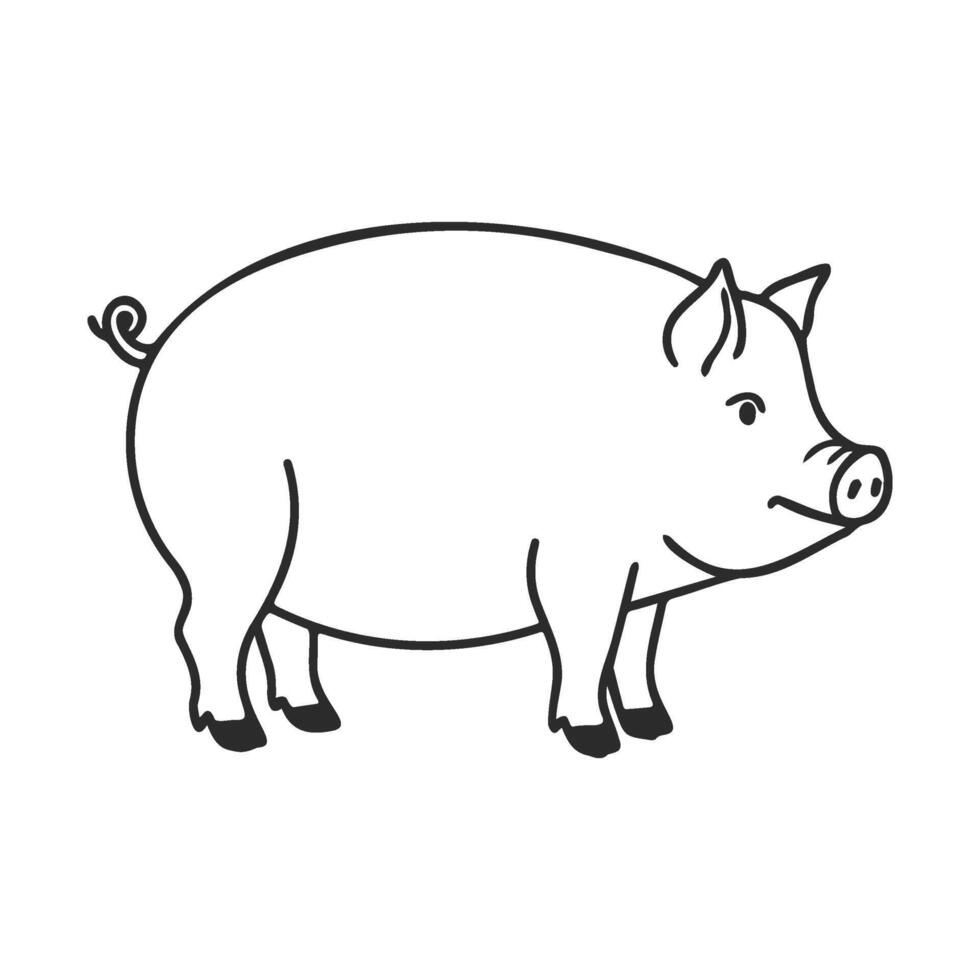 Black and white outline of a standing pig with curly tail and simple features vector