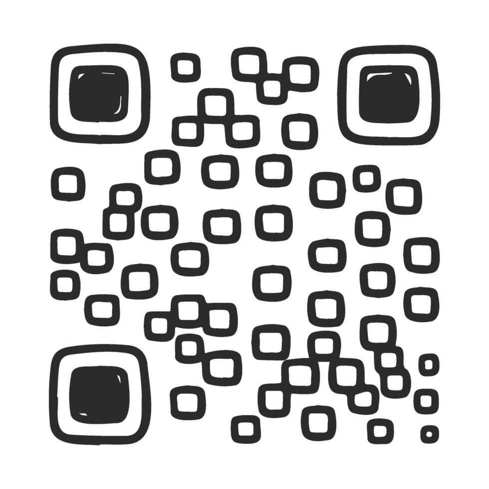 drawn qr code with black squares and artistic lines for digital scanning vector