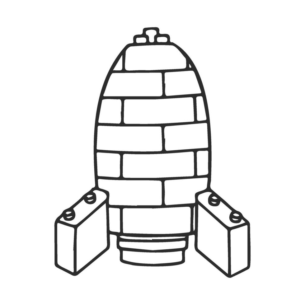 Simple sketched brick rocket with launch pads in black and white vector