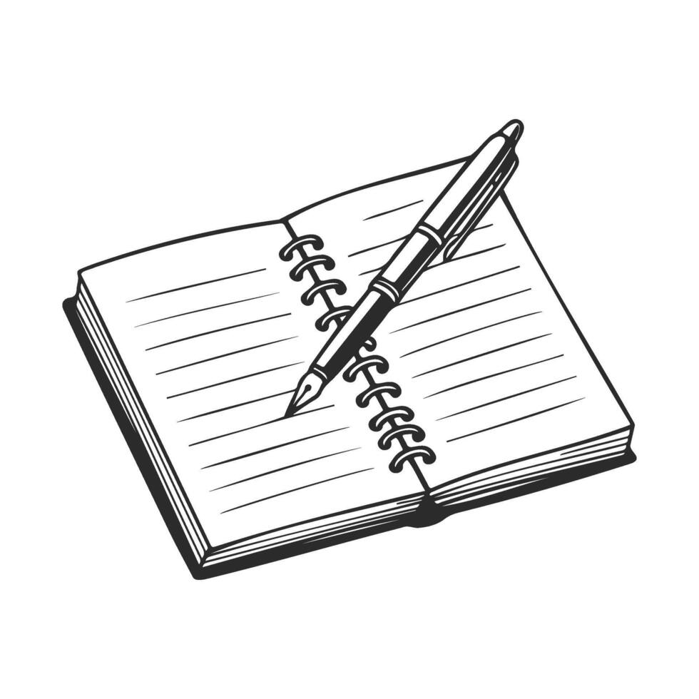 Black and white of open notebook with pen vector