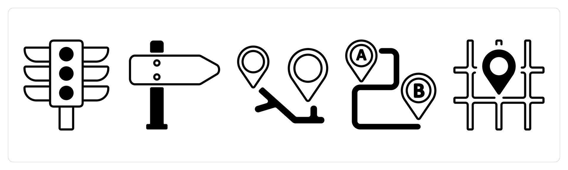A set of 5 mix icons as traffic signal, arrow direction, location in black color vector