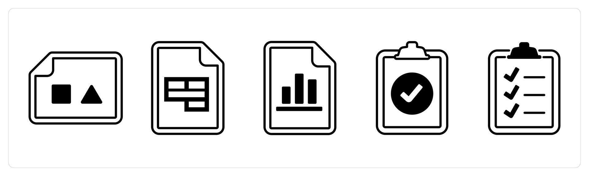 A set of 5 mix icons as image document, excel document, chart document in black color vector