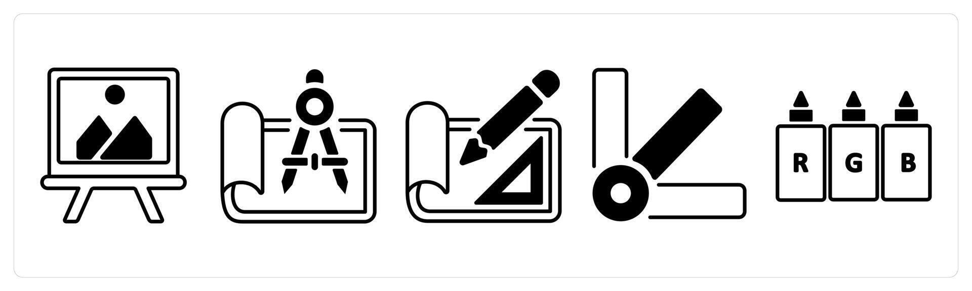 A set of 5 mix icons as painting, draw, layout design in black color vector