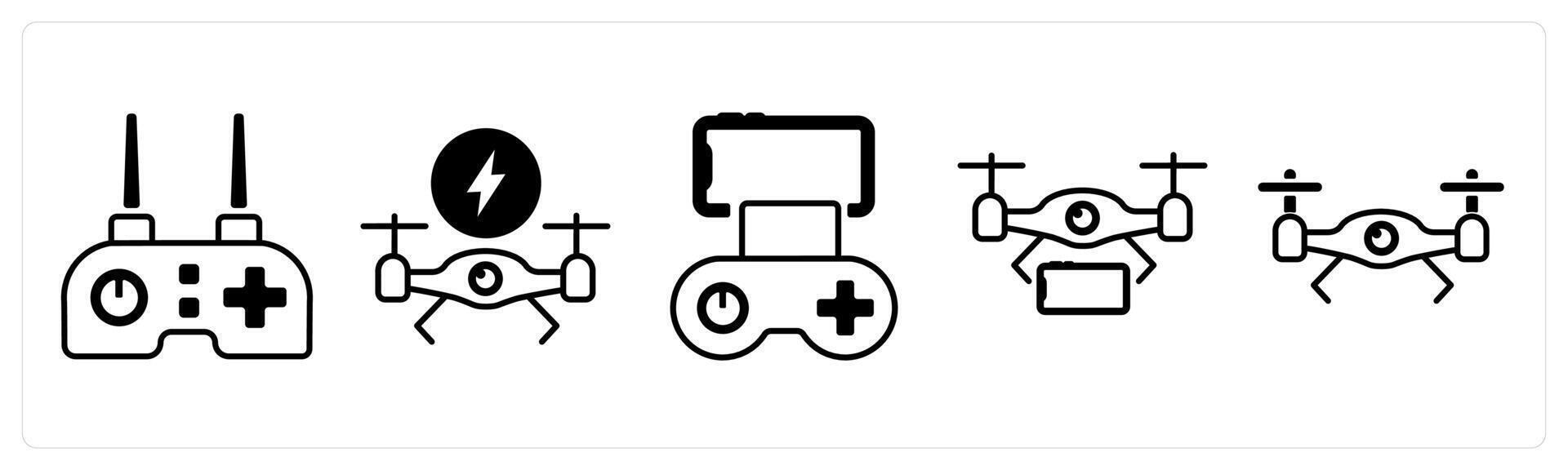 A set of 5 mix icons as drone controller, charging drone, delivery drone in black color vector