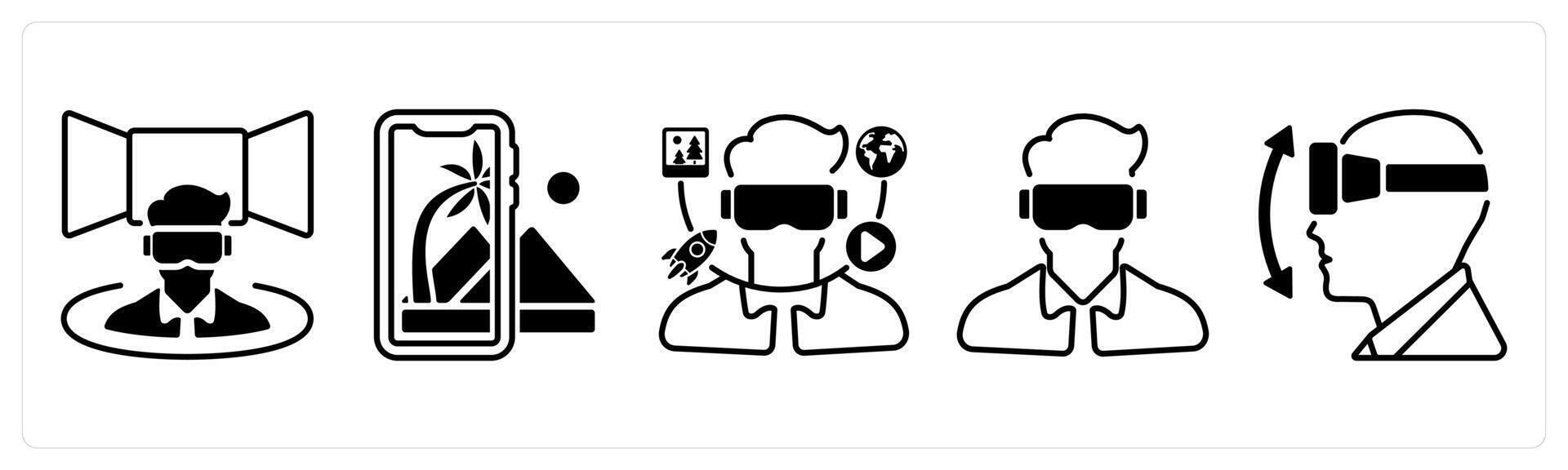 A set of 5 mix icons as vr simulator, augmented reality, virtual reality in black color vector