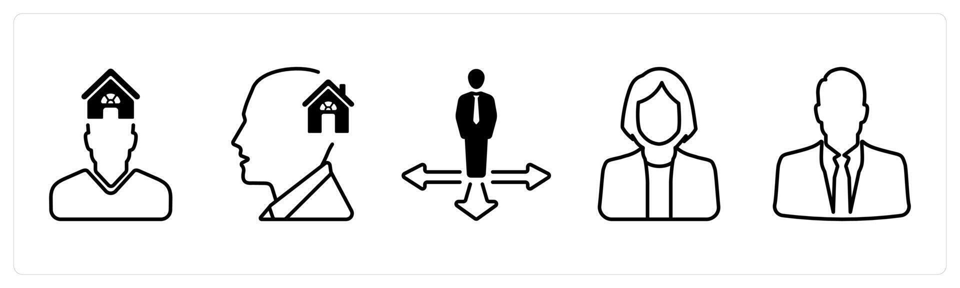 A set of 5 mix icons as real estate agent, dream house, move in black color vector