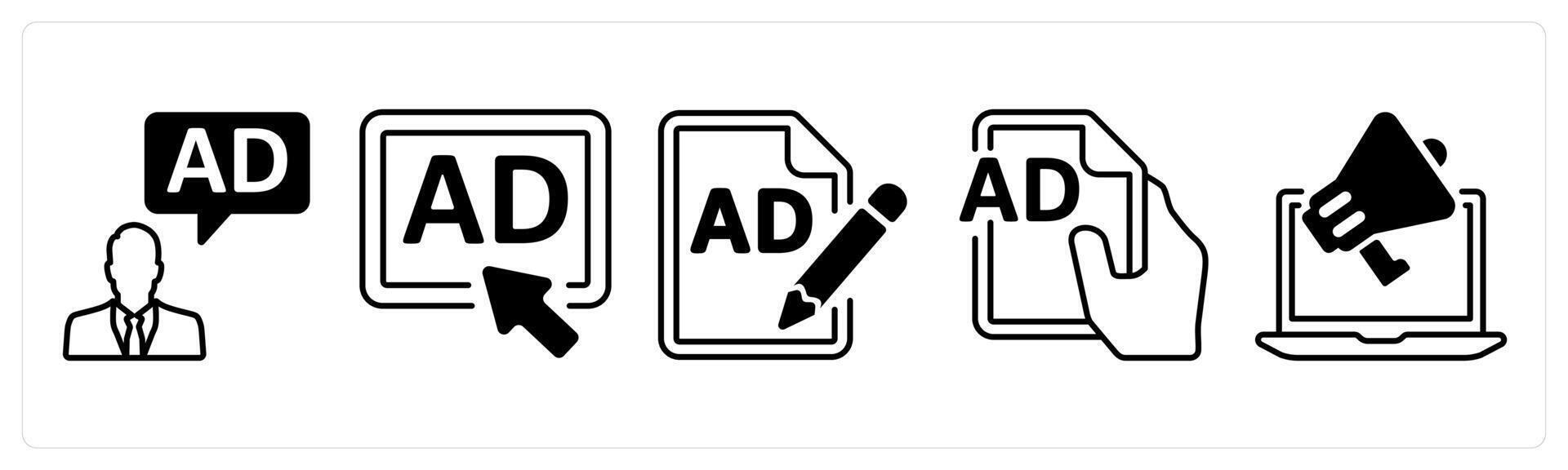 A set of 5 mix icons as ad manager, pay per click ad, compose content in black color vector