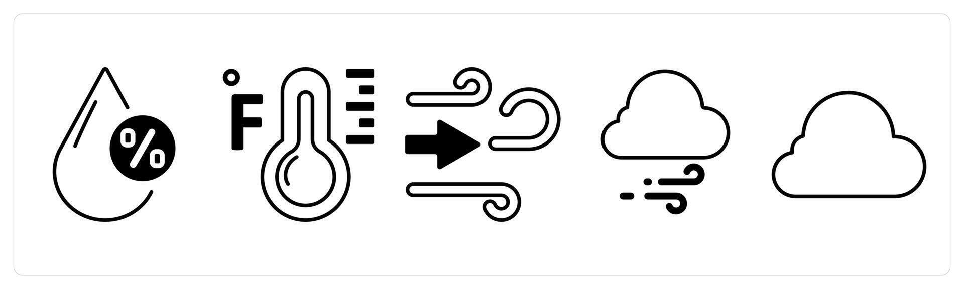 A set of 5 mix icons as humidity percentage, fahrenheit, wind in black color vector