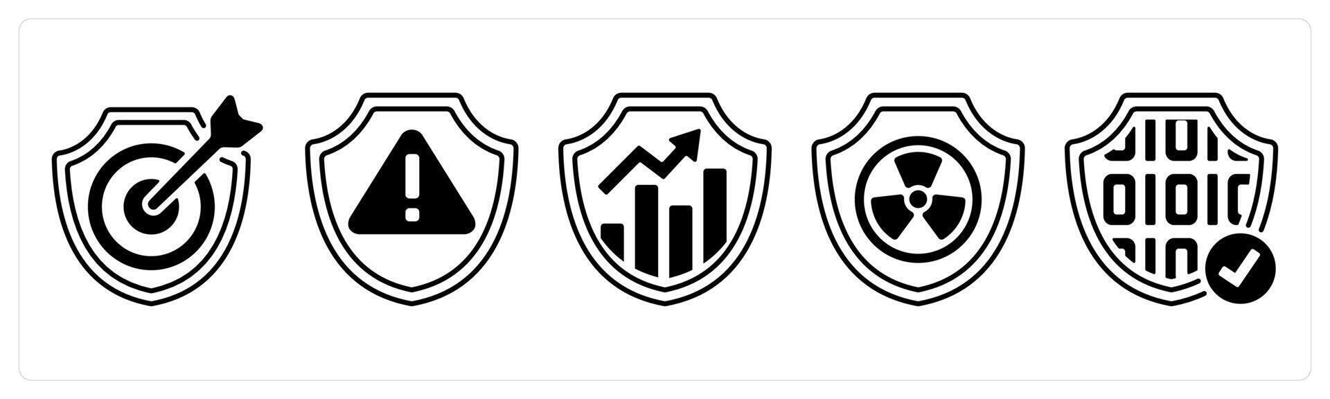 A set of 5 mix icons as target security, warning, analytics in black color vector