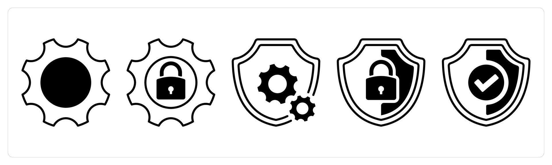 A set of 5 mix icons as gear, security settings, security password in black color vector