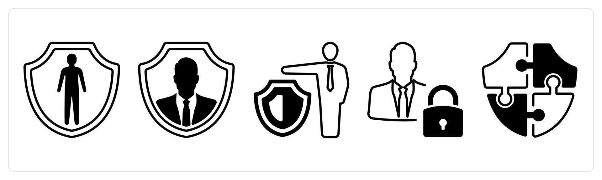 A set of 5 mix icons as security, security administrator, strategy in black color vector