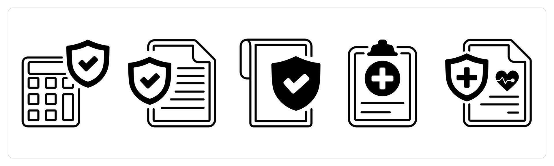 A set of 5 mix icons as insurance premium calculator, insurance policy document, insurance policy protection in black color vector