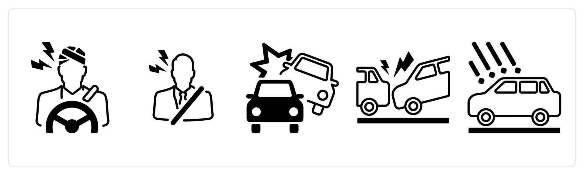 A set of 5 mix icons as driver injury, driver insurance, car accidental in black color vector