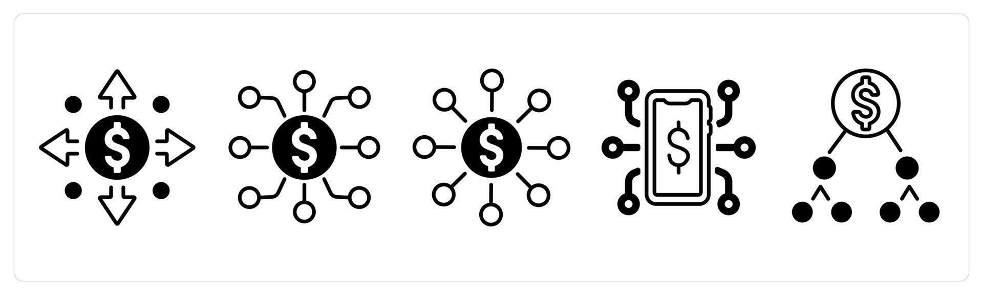 A set of 5 mix icons as money flow, finance network, fundraising network in black color vector