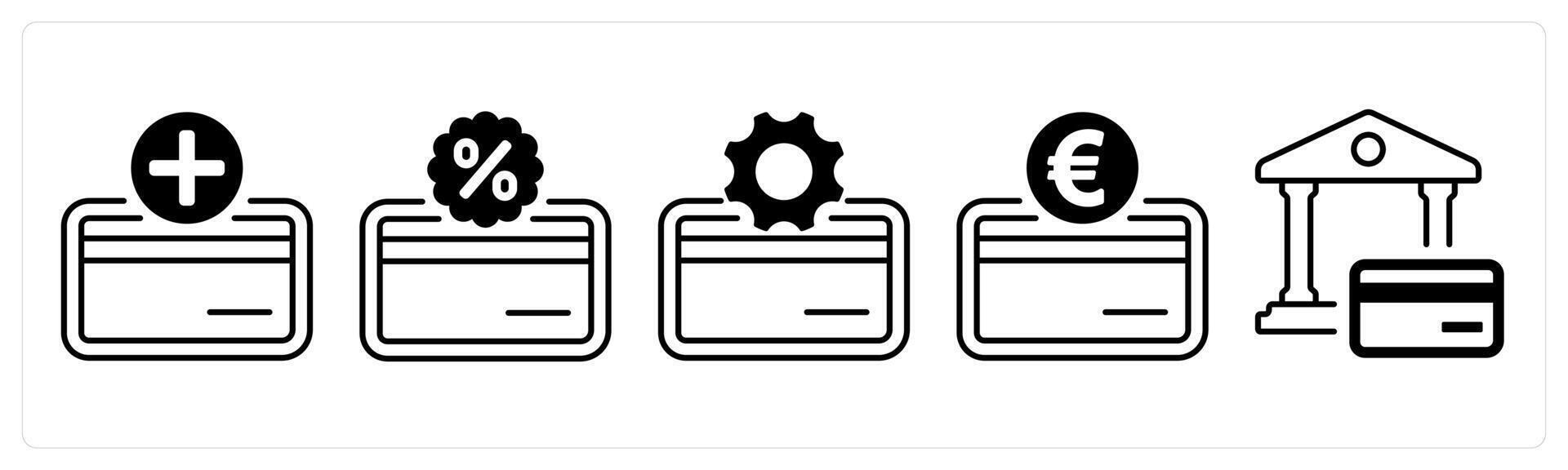 A set of 5 mix icons as add card, card discount, card settings in black color vector