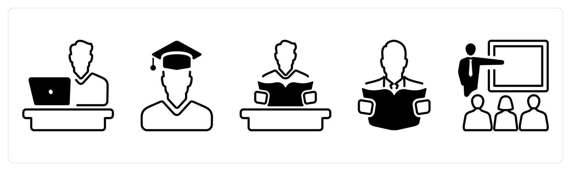 A set of 5 mix icons as desk, graduate, study in black color vector
