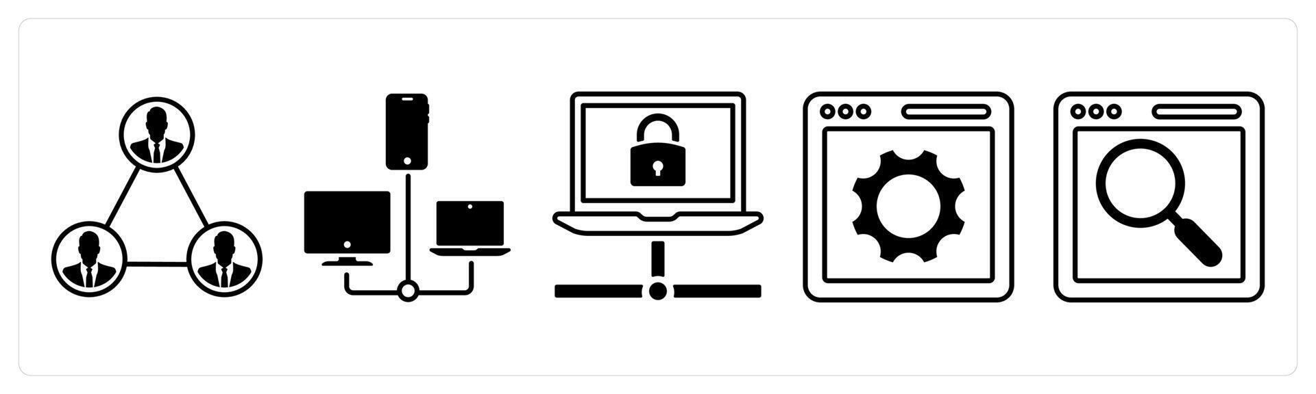 A set of 5 mix icons as network, connection, webpage settings in black color vector