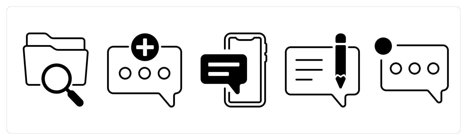 A set of 5 mix icons as search folder, add message, chat in black color vector