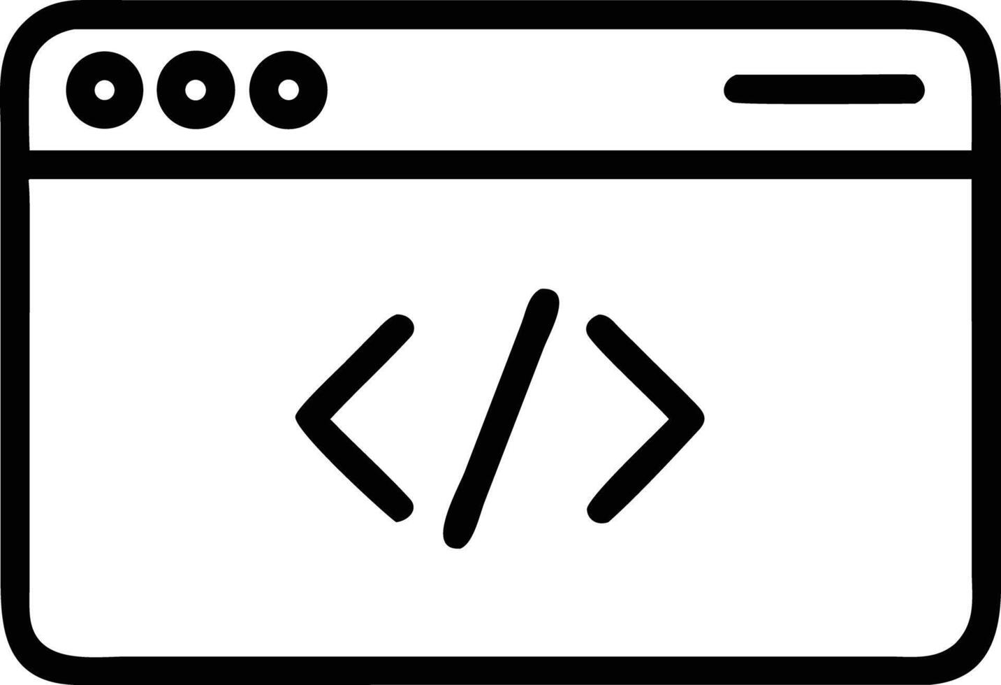 Simple line drawing of browser window with HTML code symbol inside it vector